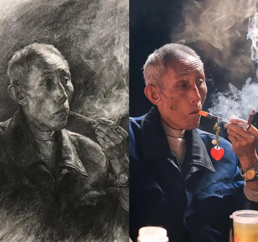 抽烟的男老年,黑色太多,拍出来后整体泛白#素描头像 #艺考集 - 抖音