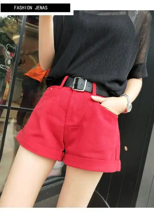 大红色短裤女高腰夏装19新款女装韩版时尚卷边裤子热裤潮