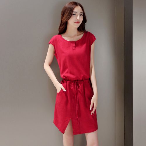 棉麻连衣裙短裙夏天女 开叉系带休闲宽松连身裙 2015新款时尚女装