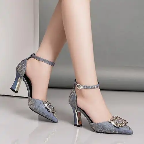 真皮包头凉鞋女2023新款女一字带凉鞋通勤高跟鞋春季中空粗跟单鞋