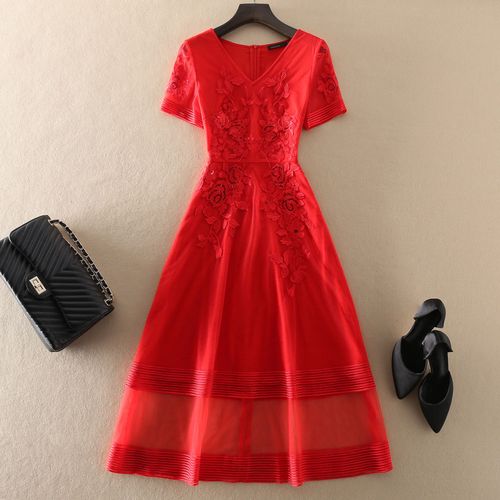 夏红色网纱连衣裙女中长款收腰显瘦结婚宴会气质显瘦礼服大码裙子