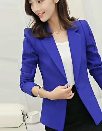 春夏新款韩版女装时尚短款修身西装外套女士长袖小西服女上衣 深蓝色