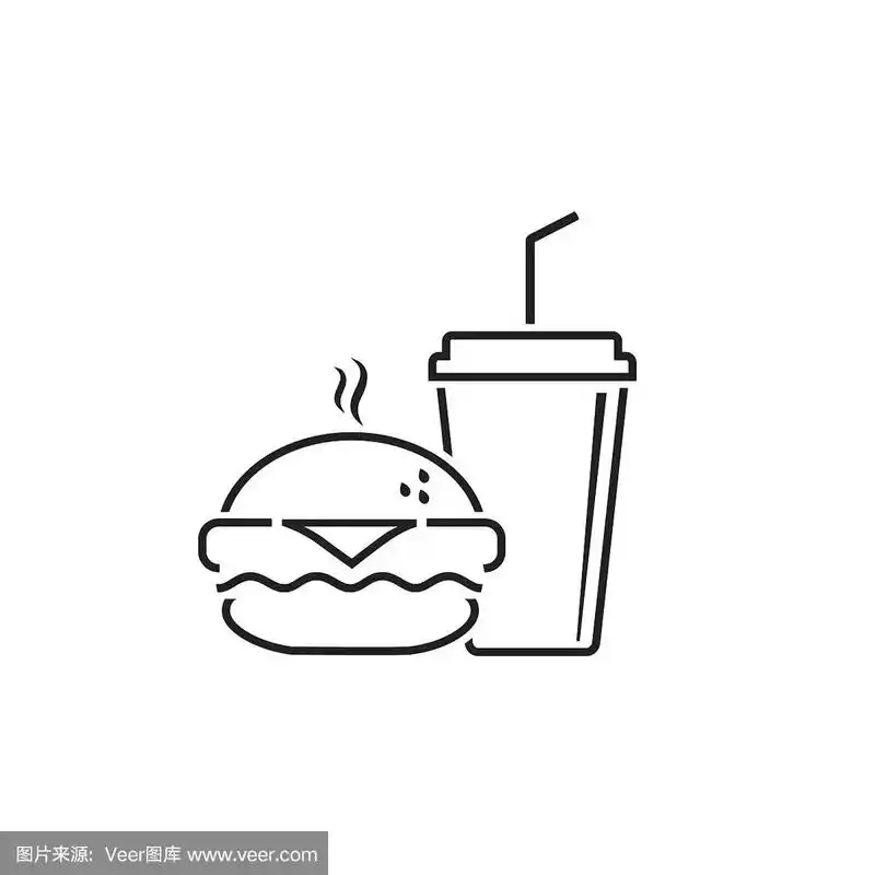 快餐矢量线图标.汉堡和汽水或可乐饮料的剪影,孤立的象征