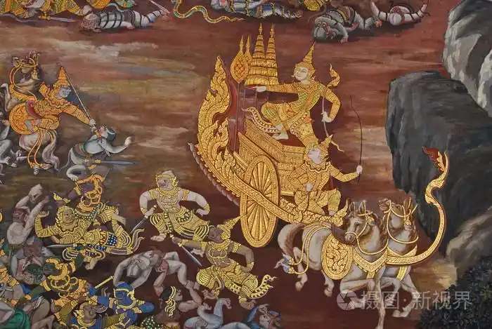 在曼谷,泰国的寺庙墙上的传统泰式风格绘画艺术的杰作