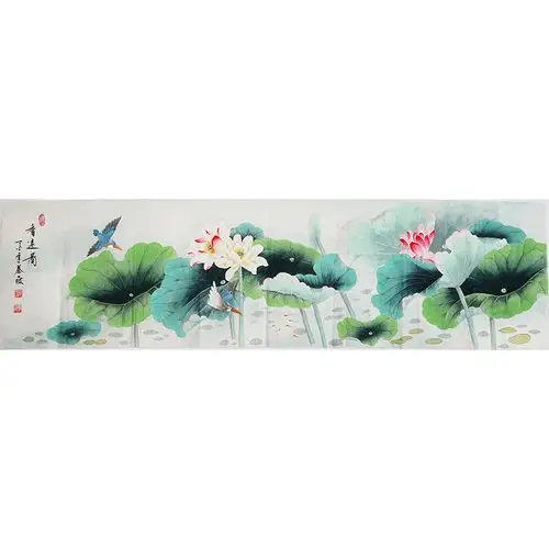 工笔字画秦薇对开六尺花鸟画荷花鲤鱼挂画卧室国画