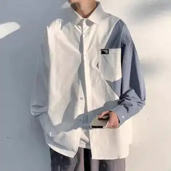 嘉晔拼接长袖衬衫男生宽松休闲衣服春秋季男装搭配帅气衬衣潮白色m