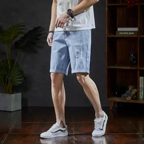 2件25折价99元唐狮夏季新款破洞牛仔短裤男五分裤宽松男士牛仔短裤