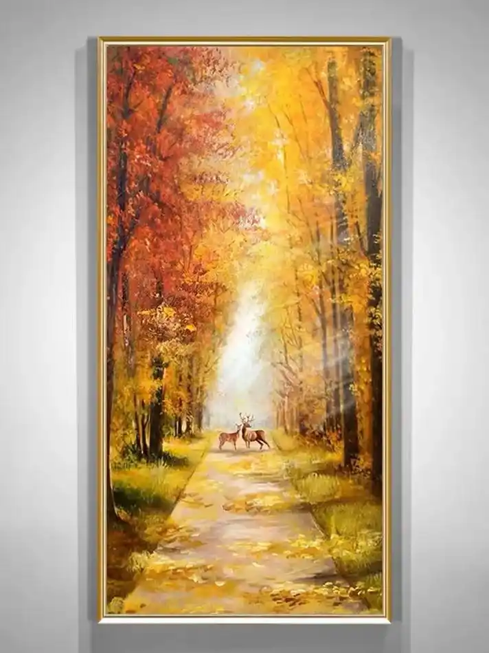 手绘油画欧式风景挂画黄金大道走廊过道画竖版美式客厅玄关装饰画