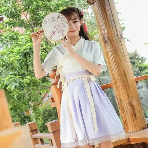 中国风古装素古风新款学生日常改良女短裙汉服套装可爱花班服汉元