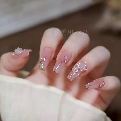 碎钻晕染手工光疗穿戴甲片成品 显白镶钻美甲片 可拆卸新娘甲片
