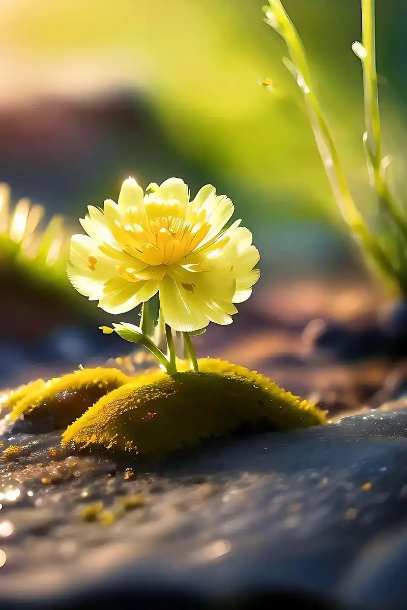 黎明时的阳光,一朵小毛茛花随着清晨的雨露生长在房屋脚下的岩石 - 抖