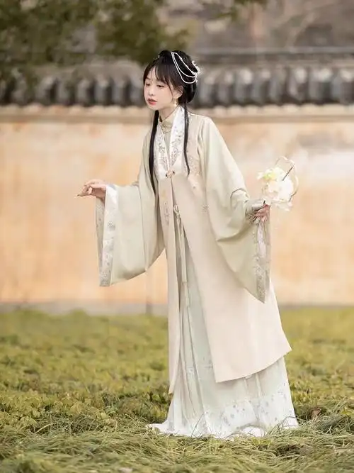 明制刺绣长比甲立领对襟长衫原创汉服女青衣百迭裙春秋季套装