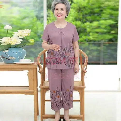 莱迈喔洋气妈妈t恤衬衫套装中老年妇女两件套奶奶女装夏装60-70岁80大