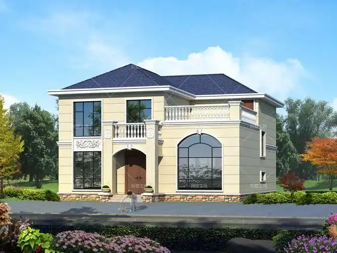 简单农村两层楼房图片,米黄色外墙搭配蓝色屋顶的简洁设计