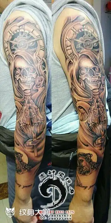 时钟死神耶稣花臂_纹身图案手稿图片_老墨的纹身作品集