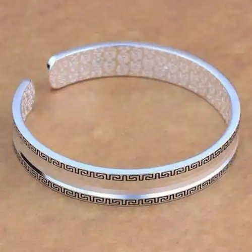 泰银黑复古个性长衬纹理开口男银镯子手饰品实心回纹凹面菱形手镯