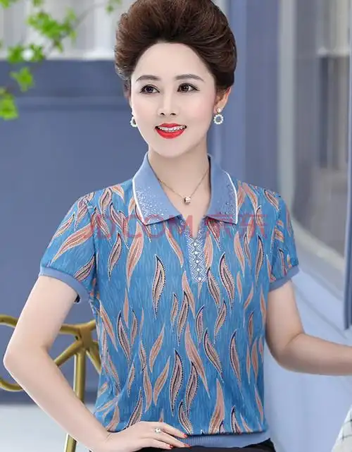 的女士短袖上衣体恤40岁50妈妈夏装冰丝服中老年女夏季有领t恤套装小