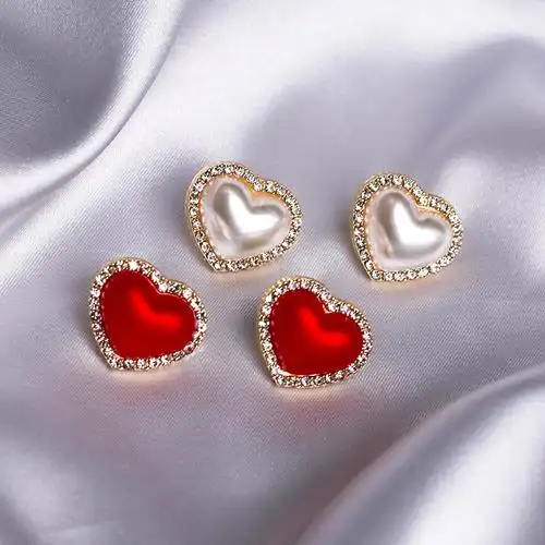 韩国爱心珍珠耳钉红色珠子耳环2021年秋冬新年喜庆耳饰银针耳坠