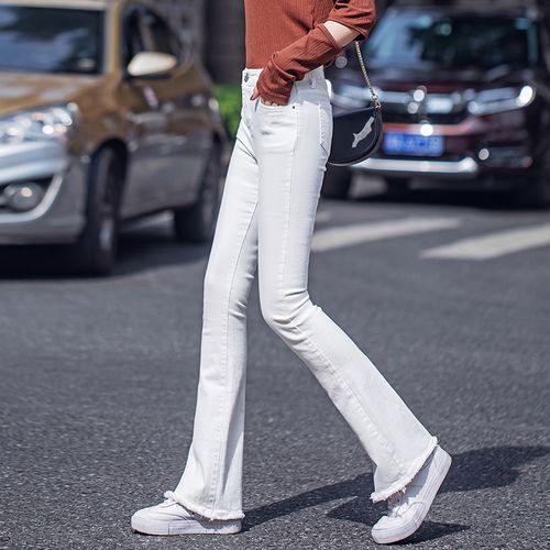 白色喇叭裤女高高腰垂感修身显瘦弹力2019秋季牛仔裤
