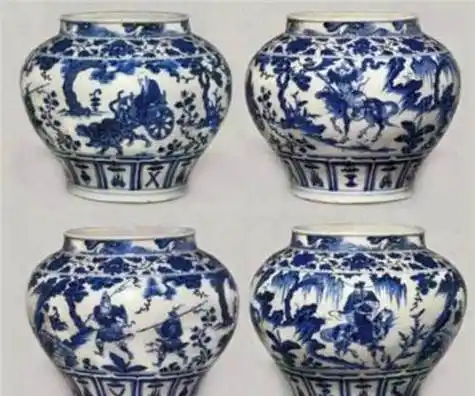 一层颈部饰水波纹,二层肩部饰缠枝牡丹,三层腹部为"鬼谷子下山"主题