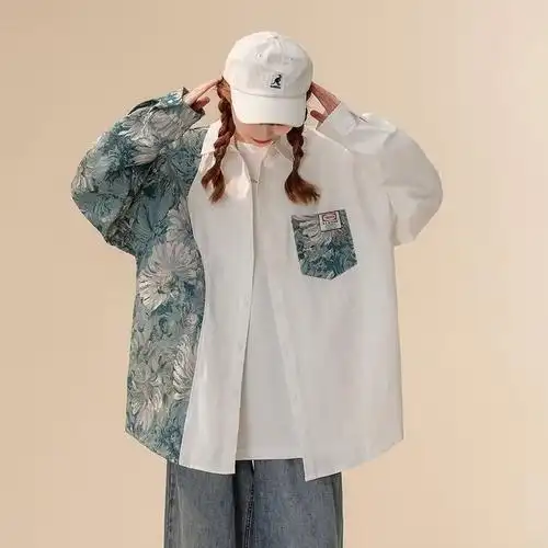 长袖衬衫女春秋季国风刺绣拼接潮流情侣款衬衣外套宽松大码上衣服