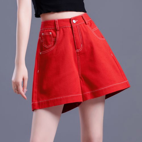 大红色牛仔短裤女夏高腰2022年新款阔腿中裤宽松a字五分裤四分裤