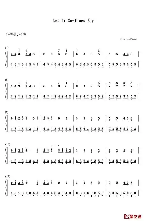 琴艺谱首页 简谱大全 let it go钢琴简谱-数字双手-james bay