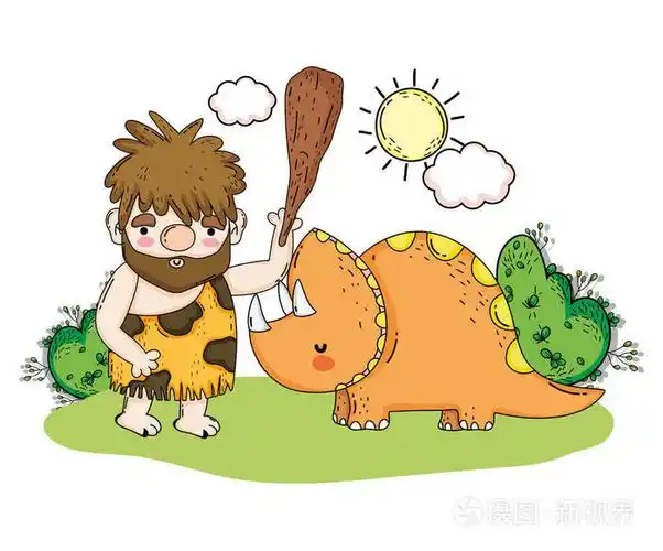原始人带着三角龙史前动物矢量插图