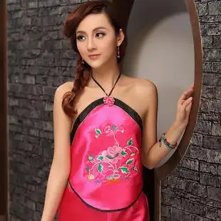 女士刺绣古典内衣仿真丝月季花开兜兜成人生日情人节礼物粉色肚兜