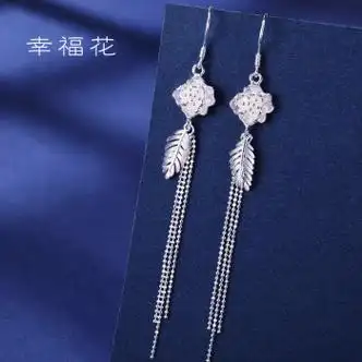 老凤银祥银耳环999女足银时尚气质长款流苏枫叶耳坠饰妈妈礼物幸福花