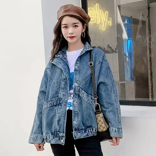 实拍牛仔外套女宽松蝙蝠袖大口袋牛仔上衣复古工装雪花色bf牛仔服