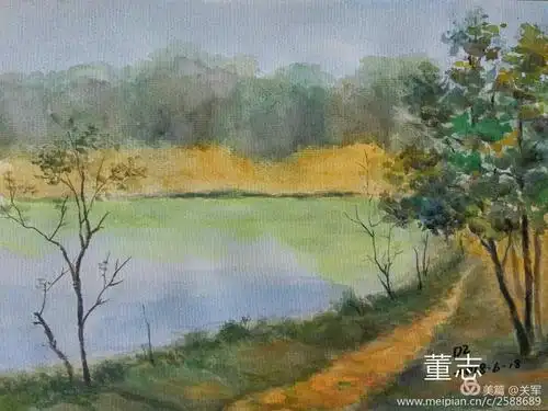 《池塘秋暮》2016水彩2班第25期每周一画