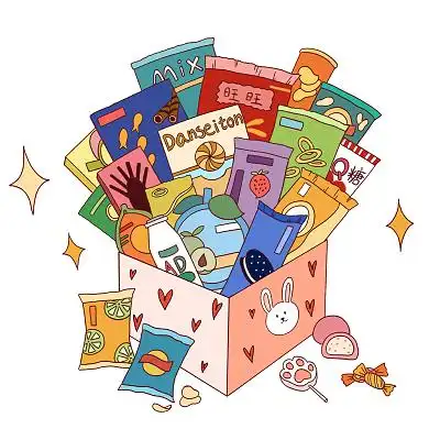 卡通零食大礼包零食元素怀旧小零食薯片饼干棒棒糖png素材