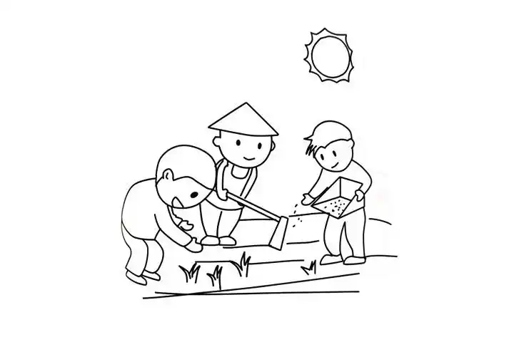 农民伯伯在烈日下种田的简笔画