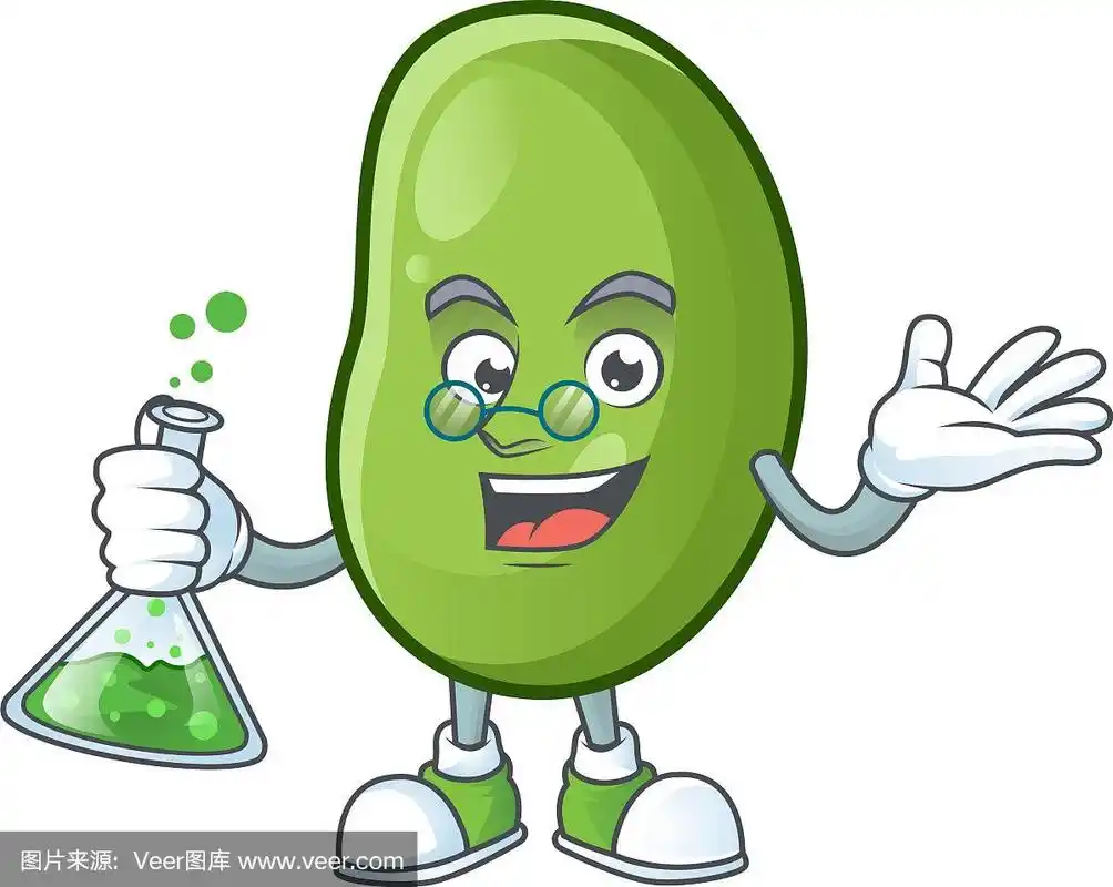 聪明的绿豆卡通人物拿着玻璃