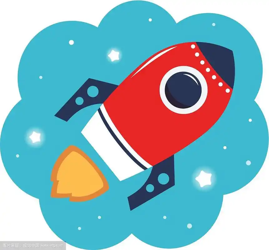 彩色卡通火箭在太空孤立的白色