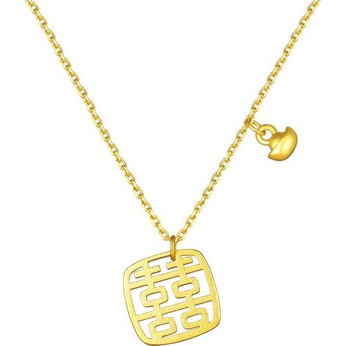 六福珠宝福满传家囍字福牌吊坠黄金项链古法足金婚嫁计价heg30017
