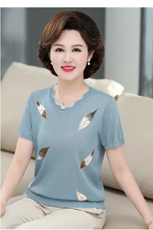 俞兆林旗舰官方店妈妈洋气高贵针织短袖小衫中老年女夏季5060岁夏装