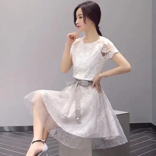 显瘦夏装新品韩版时尚显瘦时髦网纱套装裙百褶蕾丝连衣裙