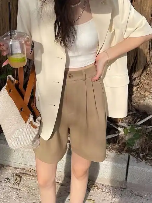 西装面料斜纹,西装短裤女夏高腰2022薄宽松五分裤直筒a字休闲裤 - 17