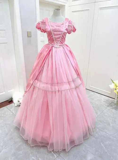 cos迪士尼公主裙粉色纱款式连衣裙礼服成片