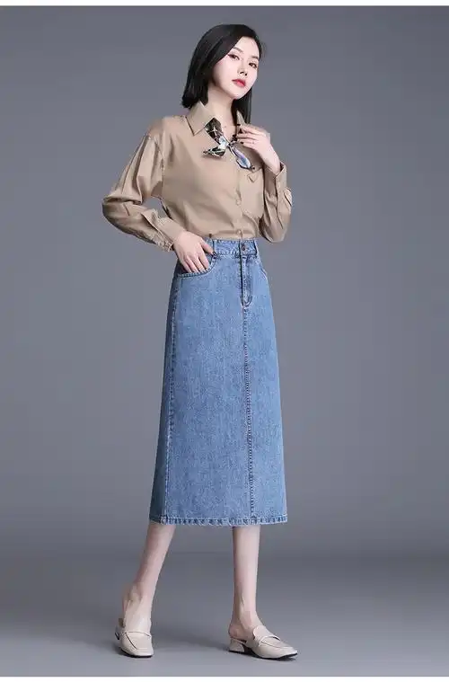 富贵鸟品牌牛仔半裙包臀一步裙夏季女中长款直筒半身裙春款胖mm开叉