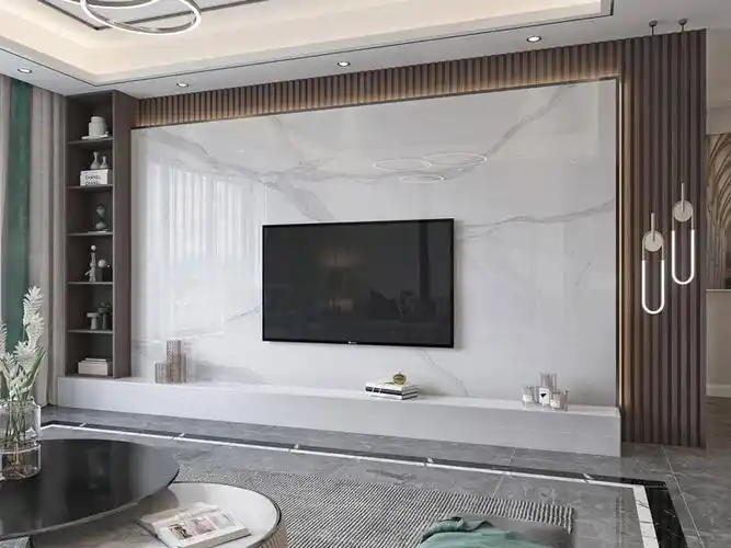 缇香岩板悬空金属条收边电视机背景墙 客厅电视背景墙效果图 佛山电视