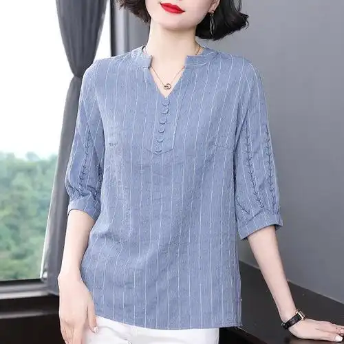 夏季中老年衬衫七分袖女新款2022年装女装妈妈中袖衬衣女棉麻