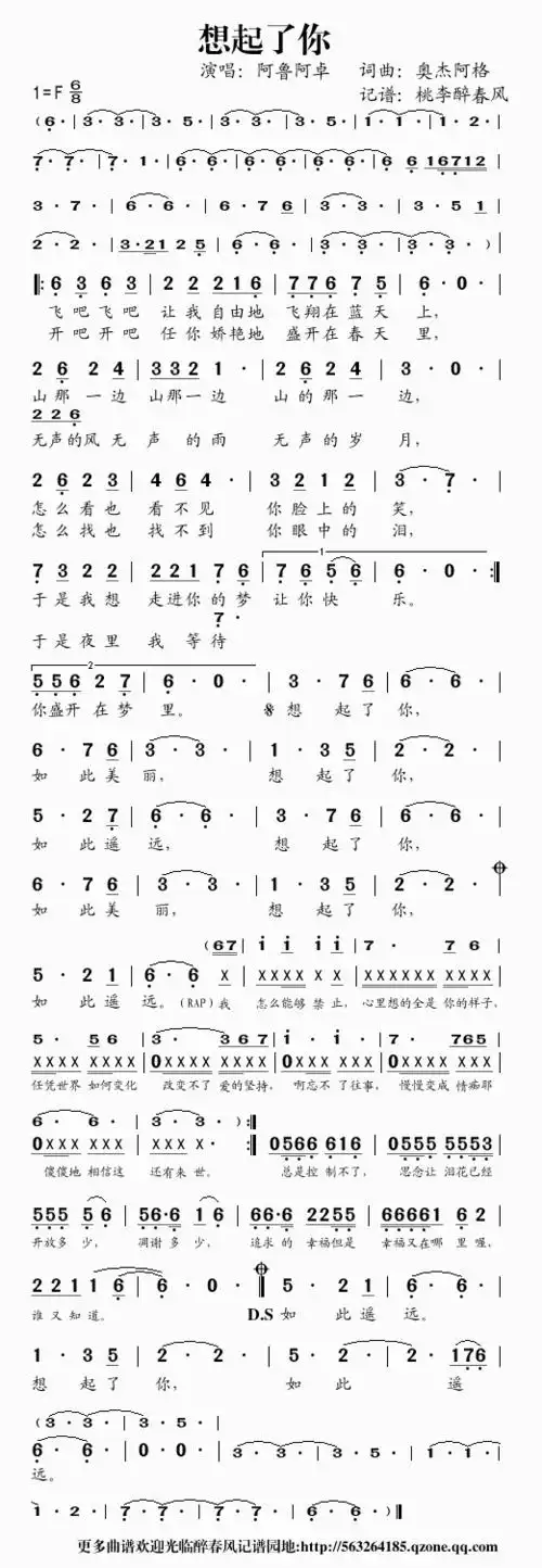 《想起了你——阿鲁阿卓(简谱)》吉他谱