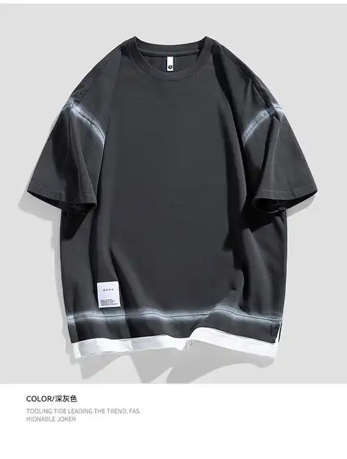 短袖男t恤休闲纯棉夏季新款宽松假两件体恤男士潮牌圆