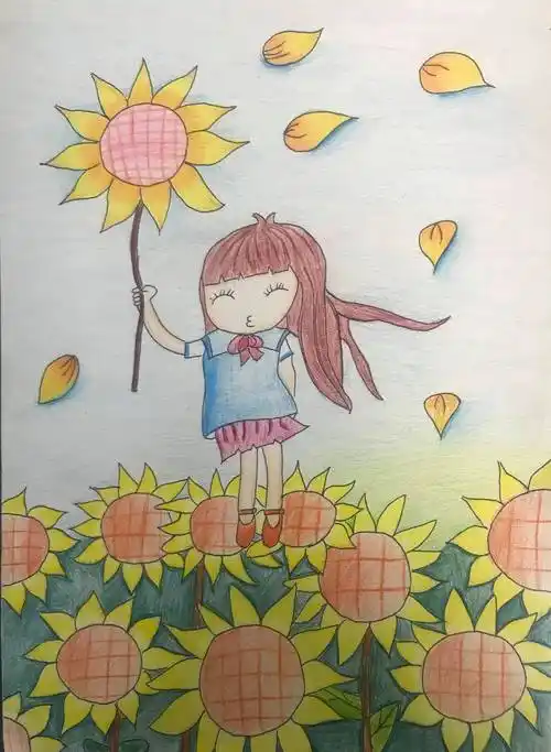 春天里的小女孩儿童画