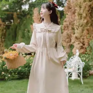 艾璃日系女装娃娃裙木耳边森系甜美可爱连衣裙文艺复古森女风初秋