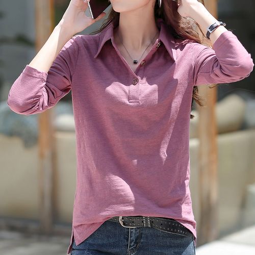 长袖t恤女纯棉带领春装2022年新款翻领宽松polo领上衣春秋打底衫