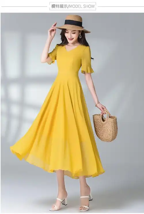 实拍2569#2022夏季新款连衣裙修身气质v领大摆雪纺沙滩连衣长裙 - 17